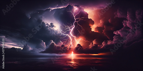 Lightning and thunderstorm over the sea. illustration.Generative AI