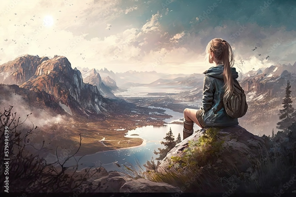 A view from the back of a girl sits on a mountain and admires the beautiful view. Generative AI illustration.
