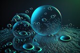 Drops of water bubbles on a dark blue surface. Generative AI.