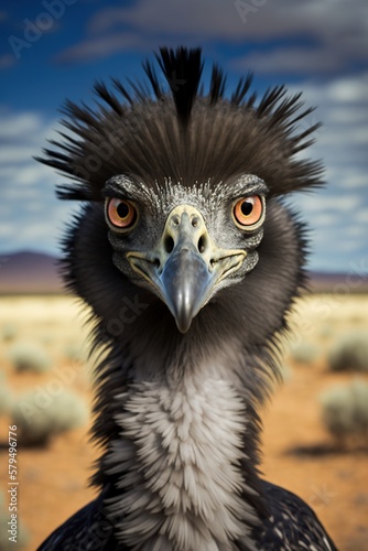 Emu striking victorious pose. Generative AI.