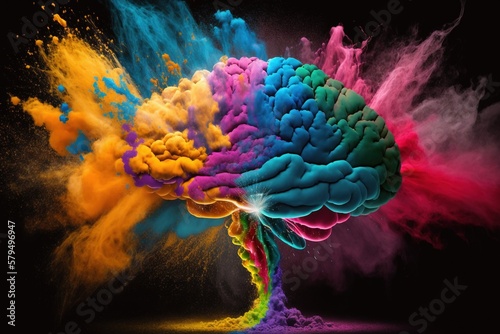 Human brain, bright colorful powder explosion. Generative AI.