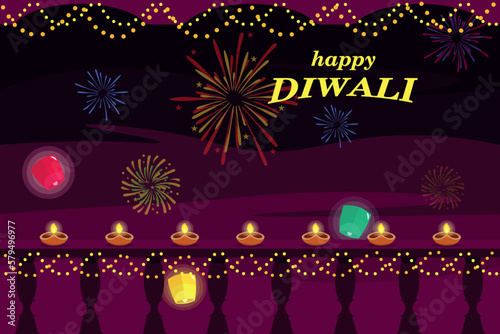 Vector illustration with Happy Diwali wishes. Cartoon greeting with beautiful oil lamps, lanterns and fireworks to celebrate an Indian festival. Diwali celebration.