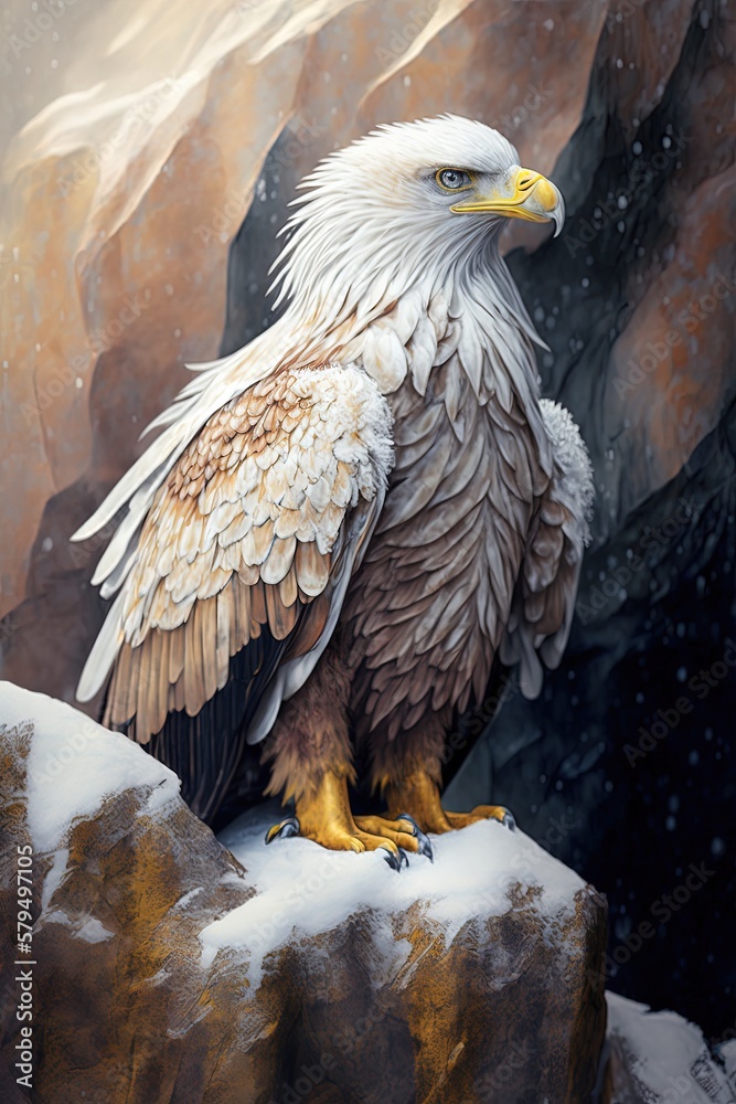 Fototapeta premium Magnificent and majestic white eagle resting on a snowy rock. Generative AI.