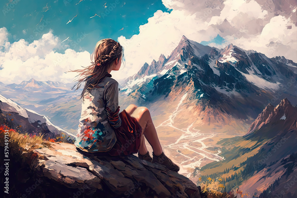 Naklejka premium A view from the back of a girl sits on a mountain and admires the beautiful view. Generative AI illustration.
