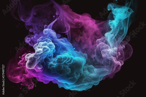 Neon blue and purple multicolored smoke puff cloud design elements on a dark background. Generative AI. © Bargais