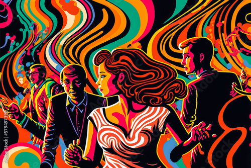 Group of people dancing in a vibrant and colorful nightclub, surrounded by swirling patterns and shapes. Pop art style with bright, bold colors. Generative AI