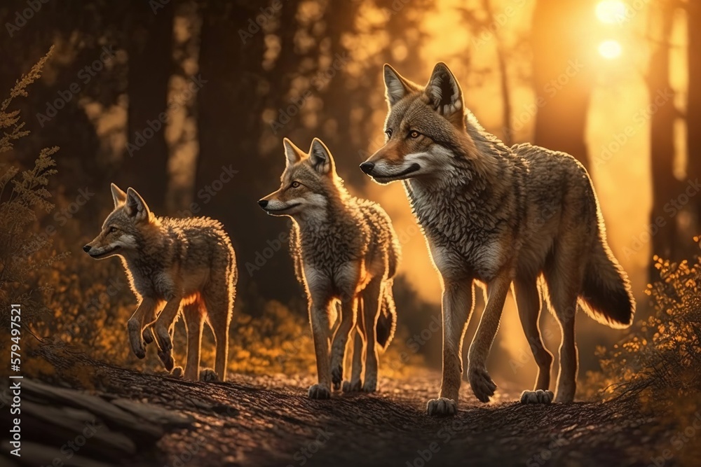 Wolf family walk through the forest. Generative AI. Wolf family walk through the forest. Generative AI.