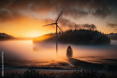 Wind turbines in beautiful landscape at sunrise with mist and fog unsplash. Generative AI.