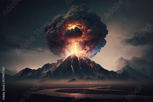Eerie and Chilling Wonder: Super Volcano Eruption, Explosion, and the Dire End of the World Apocalypse: Generative AI photo