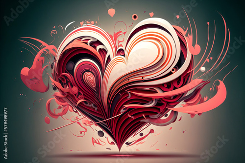 Abstract illustration of a red heart with swirling shapes and lines, in Red, pink and white. Emotion and movement accentuate this style. Generative AI