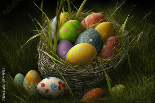 Colorful Easter Eggs in a Basket, Decorated Easter Eggs in a Basket, Happy Easter Holiday Celebration, Generative AI