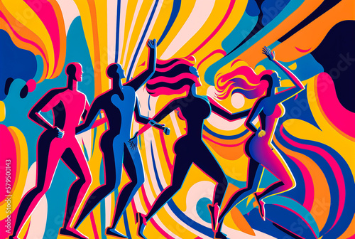 Vibrant illustration of people dancing on a colorful and hypnotic background. A bold combination of blue, pink and yellow colours to draw the viewer's eye. Generative AI