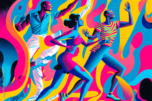 Vibrant illustration of people dancing on a colorful, hypnotic background. Bold blues, pinks and yellows captivate viewers and beguile them to discover what is happening. Generative AI