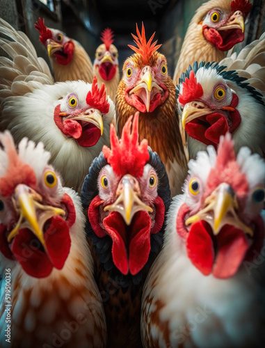 Group of chickens taking a selfie inside a poultry factory-Generative AI © simon