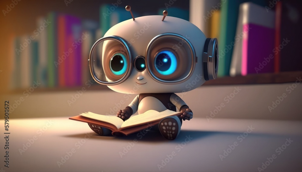 robot reading a book, cartoon character, future art, ai, android child, near future, school life concept, education concept, technological progress,