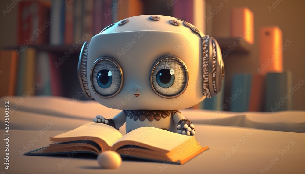 Cute robot reading a book, cartoon character, future art, ai, android child, near future, school life concept, technological progress, technological progress, education concept Cute robot reading a book, cartoon character, future art, ai, android child, near future, school life concept, technological progress, technological progress, education concept