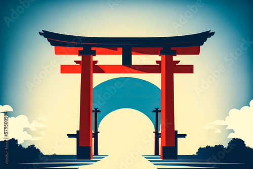 A stylized illustration of a bright red Japanese torii gate, with a deep blue sky in the background. Symbolizes the idea of finding one's path or purpose in life. Generative AI