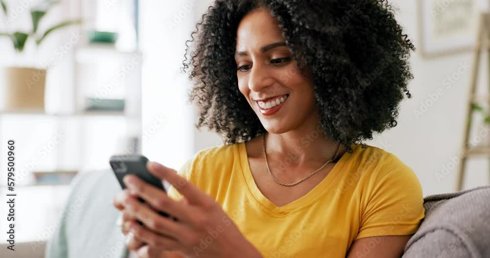 Smartphone, woman and social media with communication, typing in chat with online search at home. Happy female relax on sofa, technology and using phone with mobile app, smile and contact