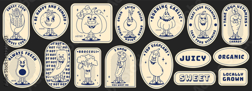 Funny vegetables retro cartoon characters sticker set. Modern label with cute comics characters. Hand drawn doodles of comic mascot. Monochrome palette. Set in modern cartoon style. 70s retro vibes.