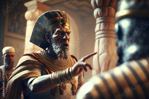 Angry Majestic Pharaoh of Egypt, Ruler of the Nile, Clothed in the Finest of Linens and Adorned with Precious Jewels. Generative AI