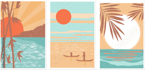 A set of abstract contemporary posters depicting the ocean, boats against the background of the sun, sunset, dawn, bamboo branches. Vector graphics.
