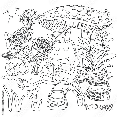 Cute frog and snail are reading book together.Characters are sitting under fly agaric mushroom. Blooming dandelion,grass ,jar with frog babies.Black linear vector illustration for coloring on white.