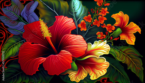 Illustration Hawaiian style hibiscus flower  Hibiscus rosa-sinensis  and lush tropical vegetation - Generative AI