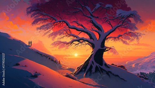 Superimposed snow on a Beautiful Anime Sunset Scenery, Lovely Tree on a hill. Generative AI. © Photo And Art Panda