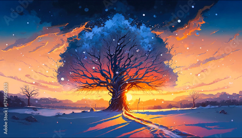 Superimposed snow on a Beautiful Anime Sunset Scenery, Lovely Tree on a hill. Generative AI.