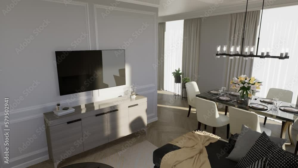 3d-render. Flying cameras around the studio apartment in a modern style. 3d-render. Flying cameras around the studio apartment in a modern style.