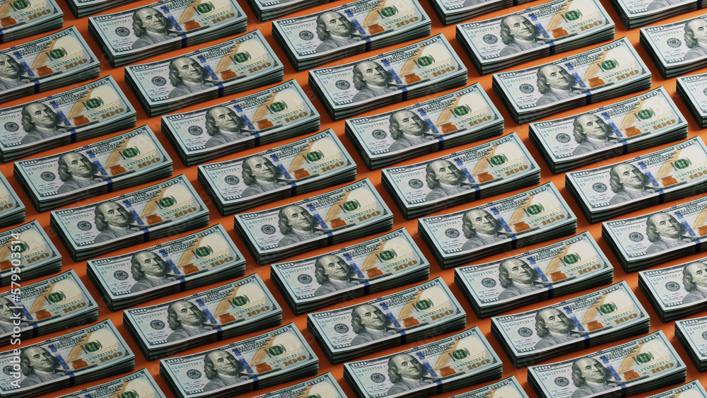Fototapeta premium Rows of stacks of United States US one hundred dollar bill currency repeating pattern 