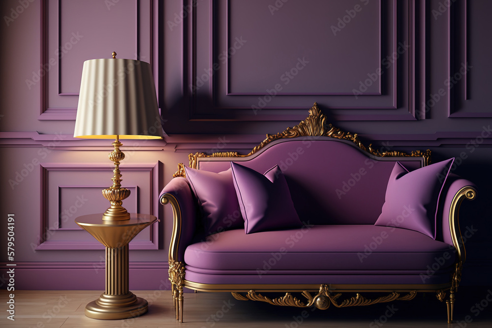 Purple, pink, and gold interior design. a couch, seats, side tables ...