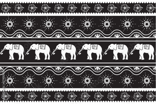 South East Asia elephant batik ethnic seamless pattern. Back and white. Thai, Indonesian, Cambodian style. Design for clothing, fabric, carpet, home decor, accessories, wallpaper, batik, texture.