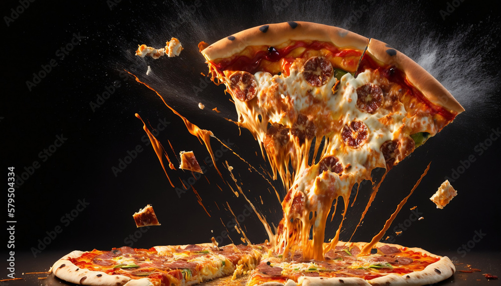 exploding pizza with dark background, presentation, wallpaper, effects