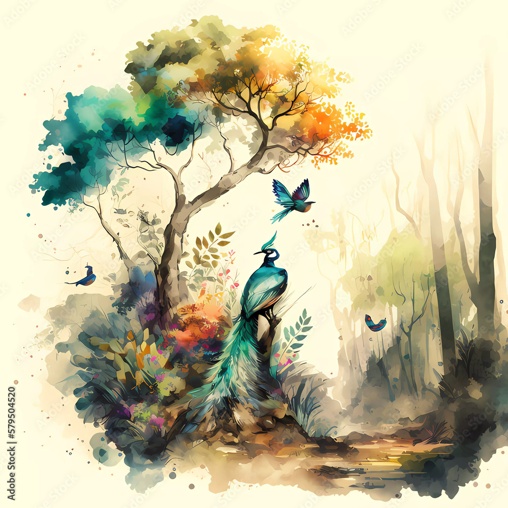 Generative AI illustration with different colors, of a bird next to a tree and white background