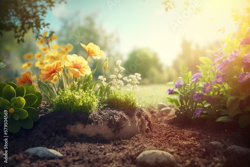 Beautiful garden with flowers, gardening, generative ai, spring