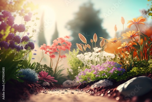 Beautiful garden with flowers, gardening, generative ai, spring