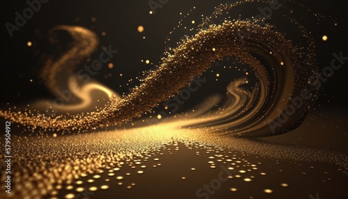 Organic 3D motion swirling and falling particle glitter art in gold. Created using Generative AI.