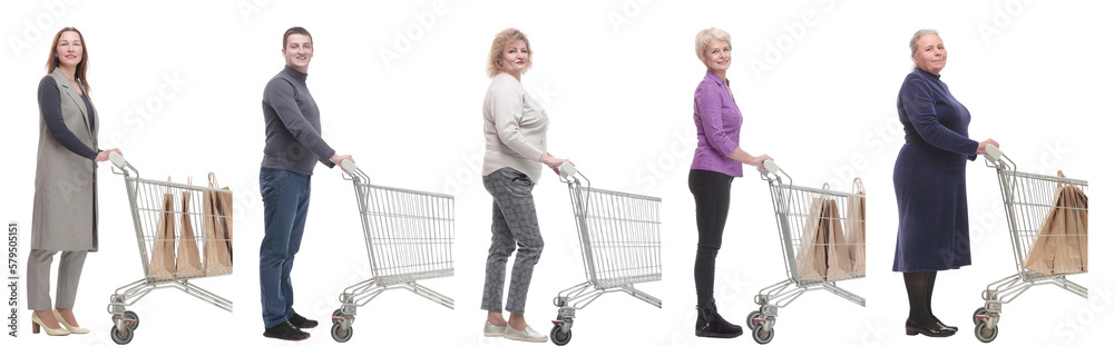 group of people with cart looking at camera isolated group of people with cart looking at camera isolated