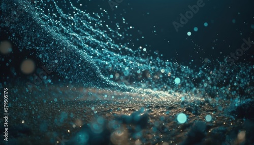 Organic 3D motion swirling and falling particle glitter art in blue. Created using Generative AI.