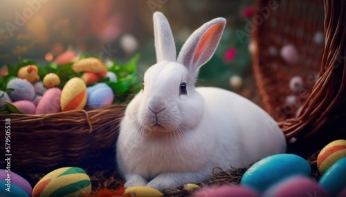 white rabbit with easter eggs in basket, isolated background, colorful eggs rainbow , cute fluffy soft celebration traditional holiday , generative ai © Anna Elizabeth