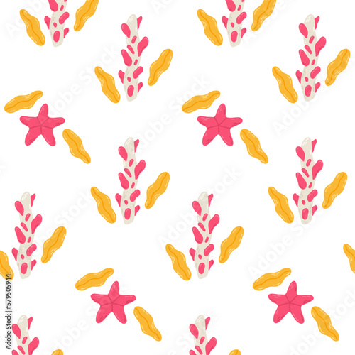 Summer marine pattern with cute corals, leaves, shells and starfish. Hand drawn flat cartoon elements. Vector illustration