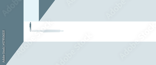 Simple person going into a dark space flat design illustration, going toward fear, darkness, scary and strange challenging way alone, modern facing darkness graphic concept