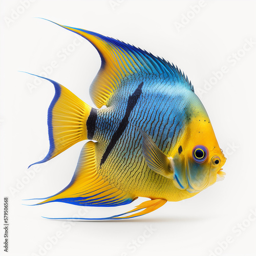 Beautiful multi-colored aquarium fish scalar of an unusual shape, isolated on white close-up, ai generative  © Dmitry