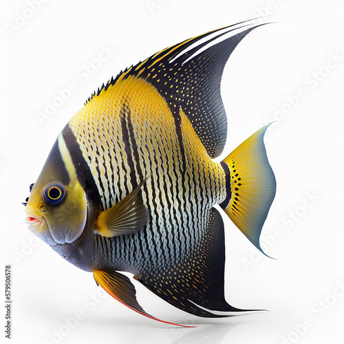 Beautiful multi-colored aquarium fish scalar of an unusual shape, isolated on white close-up, ai generative © Dmitry