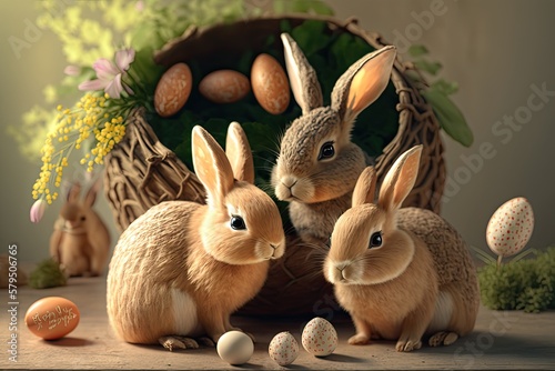 Cute Easter Bunnies and Easter Eggs, adorable holiday illustration, pastel colours, rustic charm, 3D, Generative AI