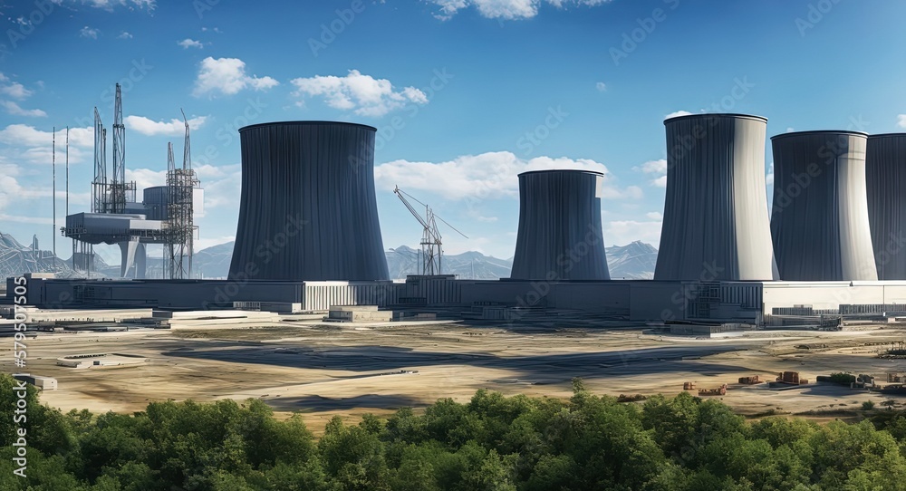 A huge modern nuclear power plant building during construction. Construction of a new energy facility. Illustration, concept art. Ai generative