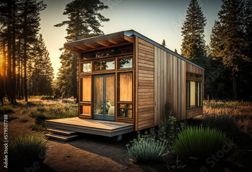Modern Eco-Friendly Tiny Home Designs: AI Generated Render of a Rustic Cozy Log Cabin A-Frame Exterior