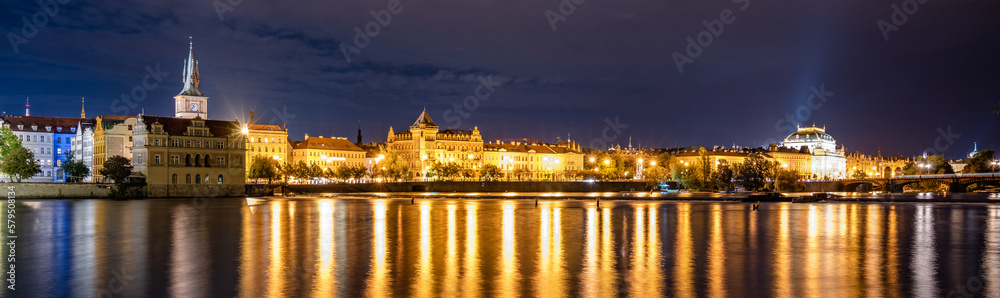 Night panoramic view of the Vltava River, Smetana Embankment, and the National Theatre in Prague, Czech Republic