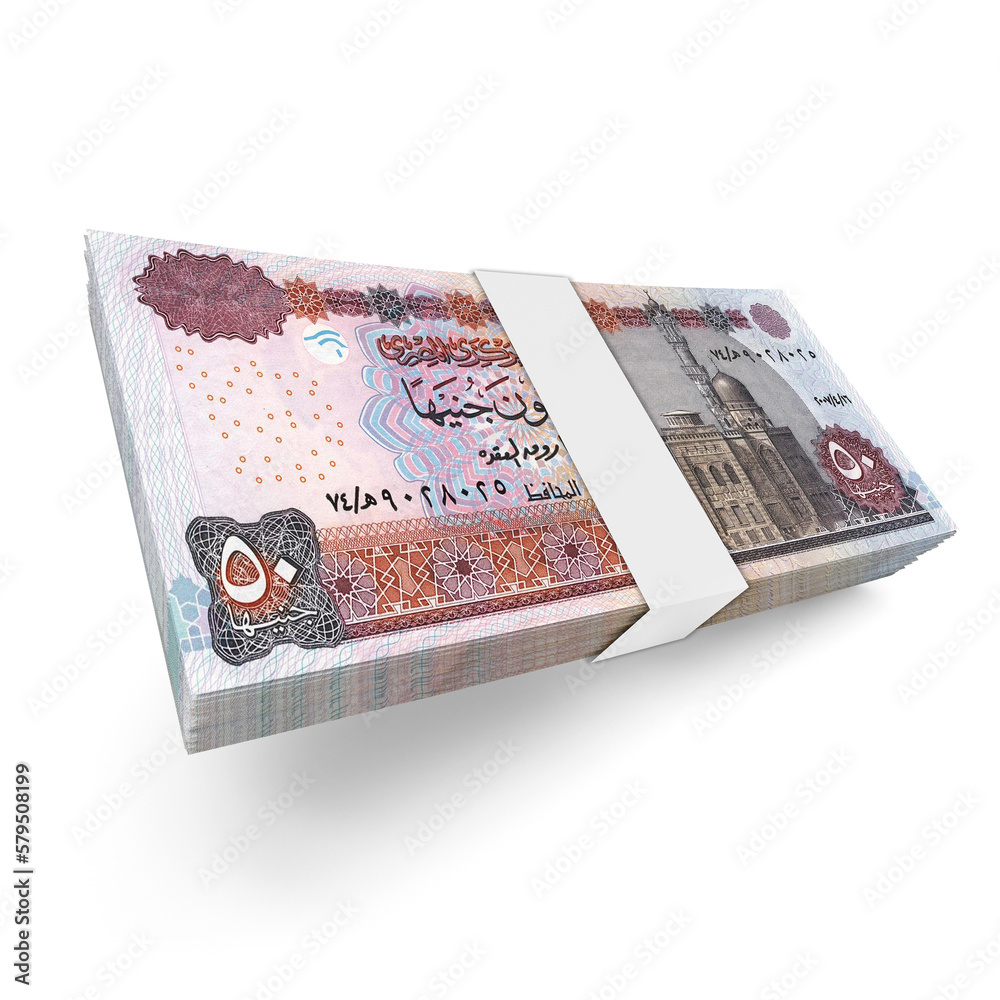Money 50 Egyptian pounds 3d Egyptian-banknotes of 50 bills on white background - obrazy, fototapety, plakaty 